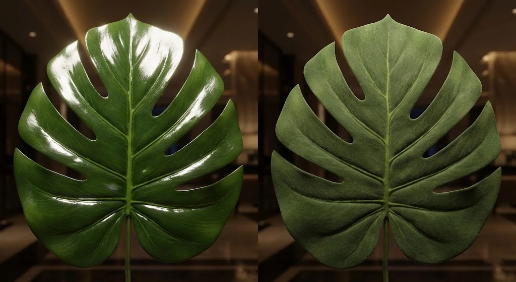Side-by-side macro comparison photo showing artificial Monstera leaf textures under a spotlight. The left leaf is shiny plastic reflecting harsh light; the right leaf has a matte, realistic Real Touch latex finish that absorbs light naturally.