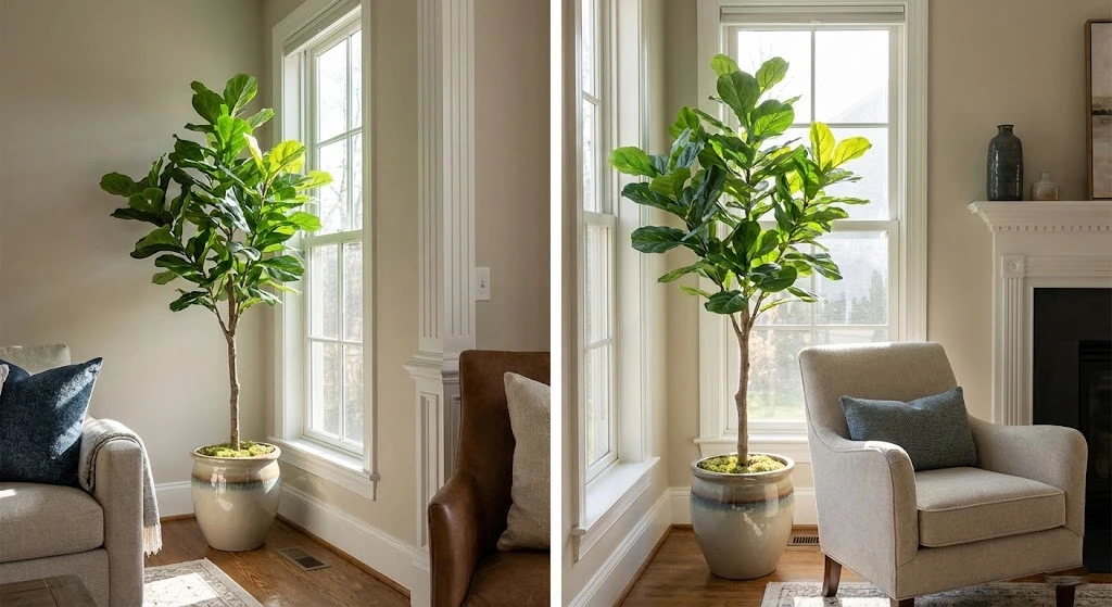 Artificial tree placed too close to a window showing heat damage