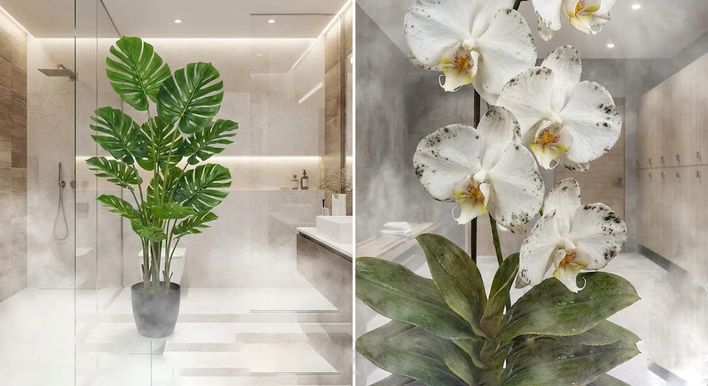 Close up of mold damage on fabric orchid versus clean PE orchid in humid environment