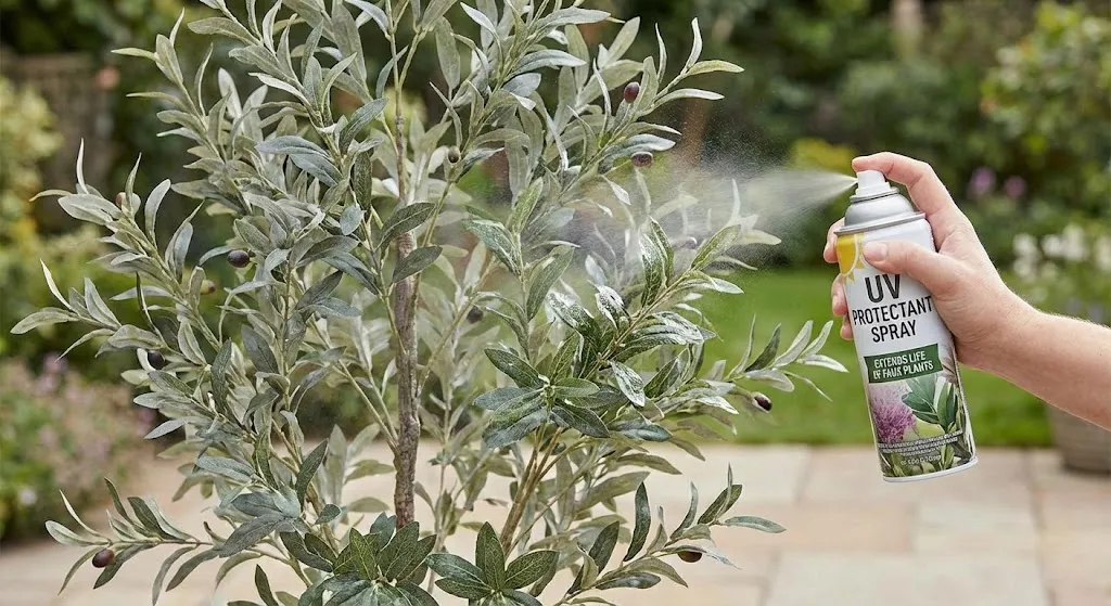 Person applying UV protection spray to extend the life of an artificial tree