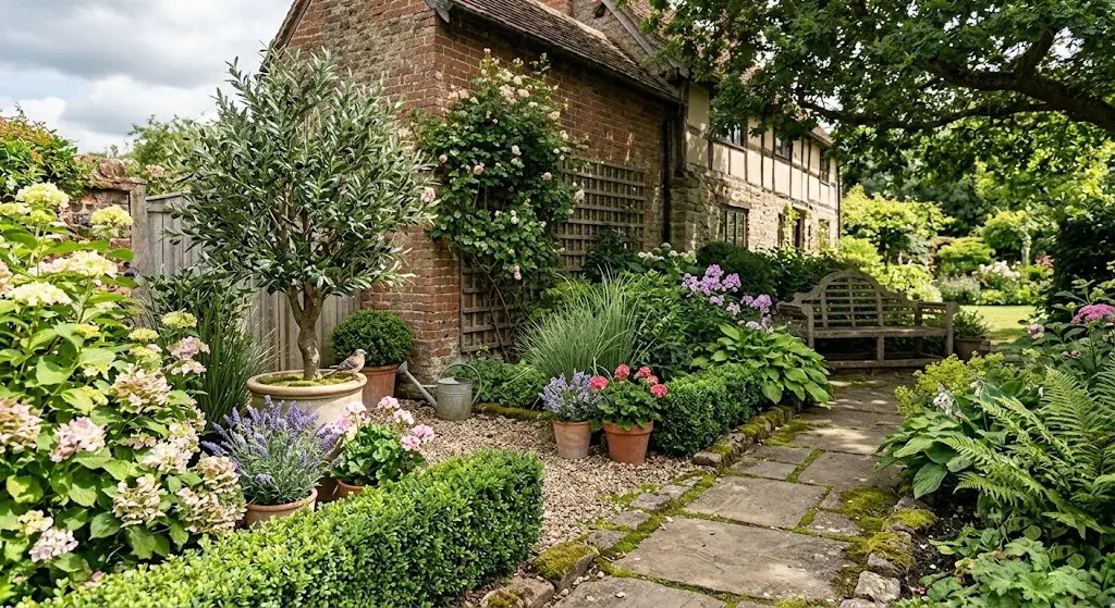 Realistic artificial outdoor plants in a garden