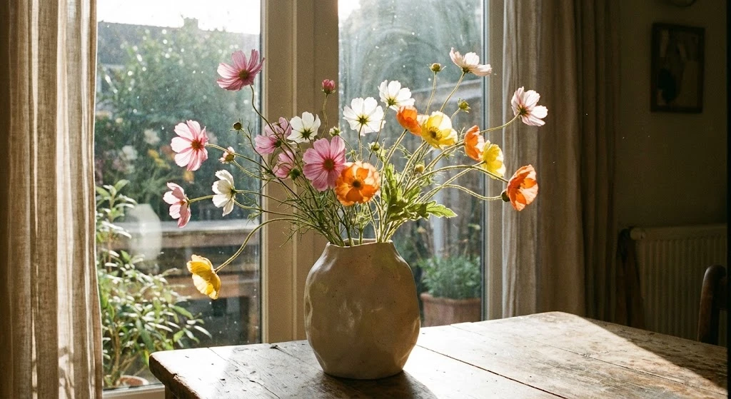 Atmospheric lifestyle photograph of a wild-style artificial cosmos and poppy flower arrangement in an organic ceramic vase by a sunny window, with backlit petals.