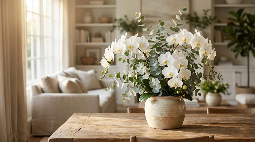 Close-up of realistic white and pink artificial peonies in a clear glass vase filled with water and river stones, showing naturally curved stems on a wooden table by a window.