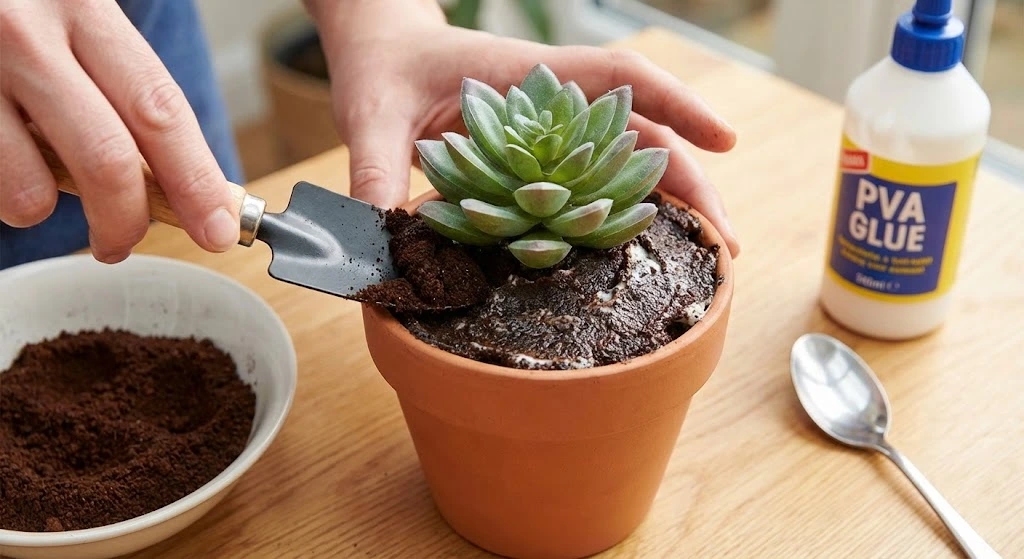 Mixing coffee grounds and glue to create fake dirt for fake plants