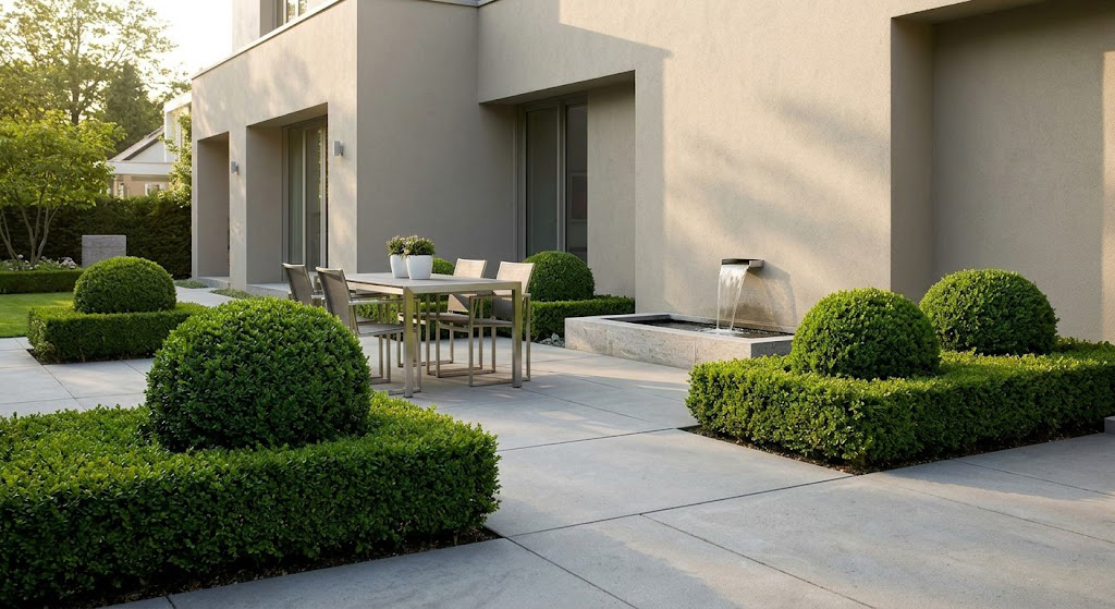 A sleek, modern patio featuring geometric boxwood planters
