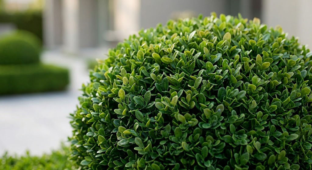 A split-screen visual. Left: A diseased/brown live boxwood. Right: A perfect, lush Twinkletree artificial boxwood