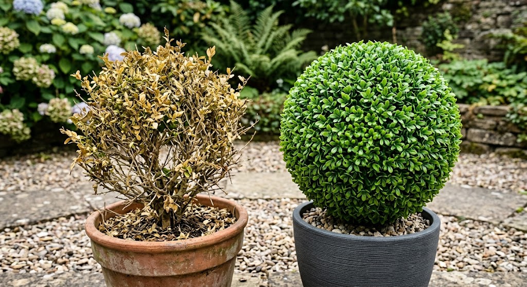Close-up of Twinkletree artificial boxwood foliage showcasing the realistic texture and varied green tones