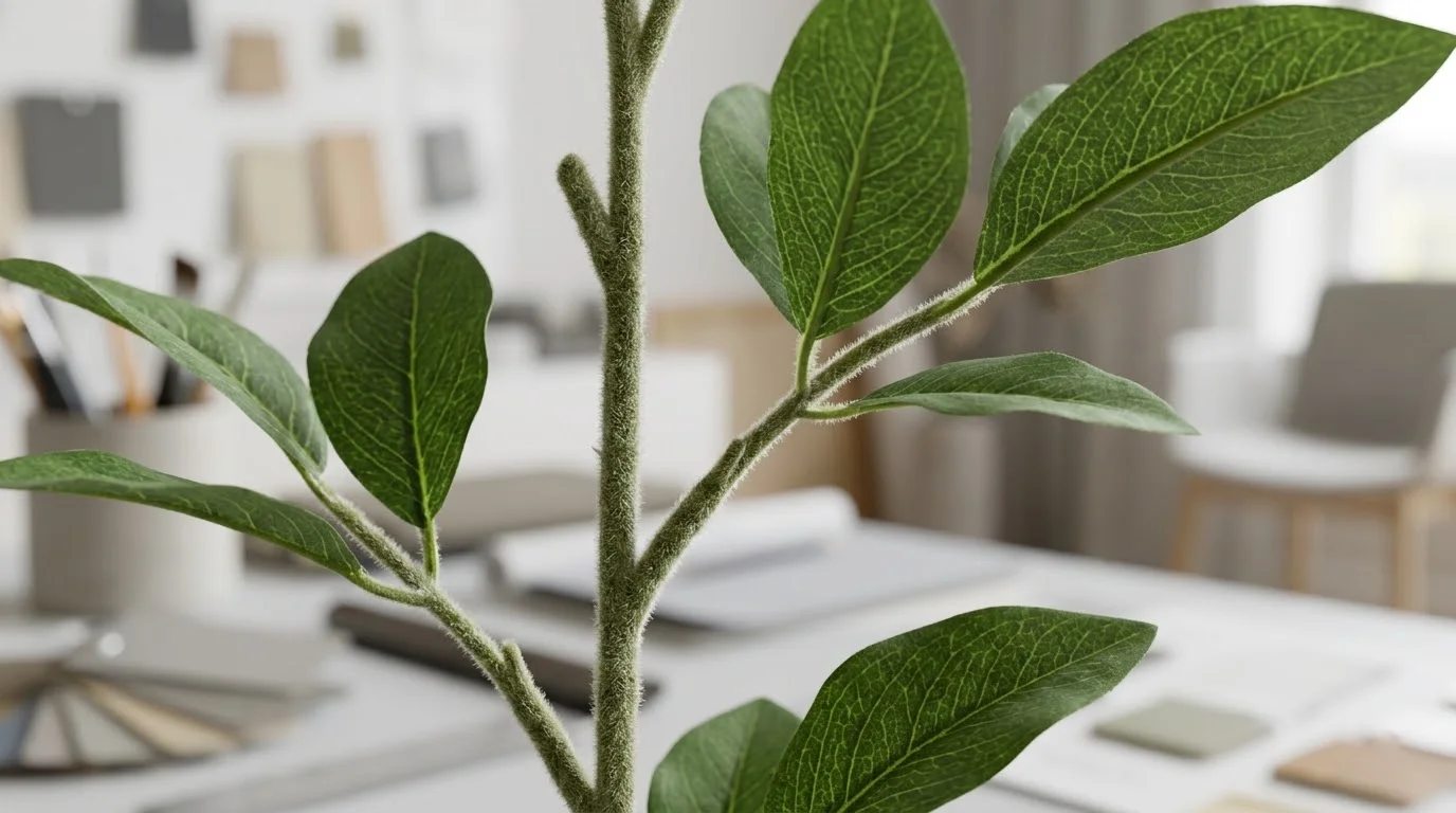 Detail shot of high-quality artificial flower stem and leaves