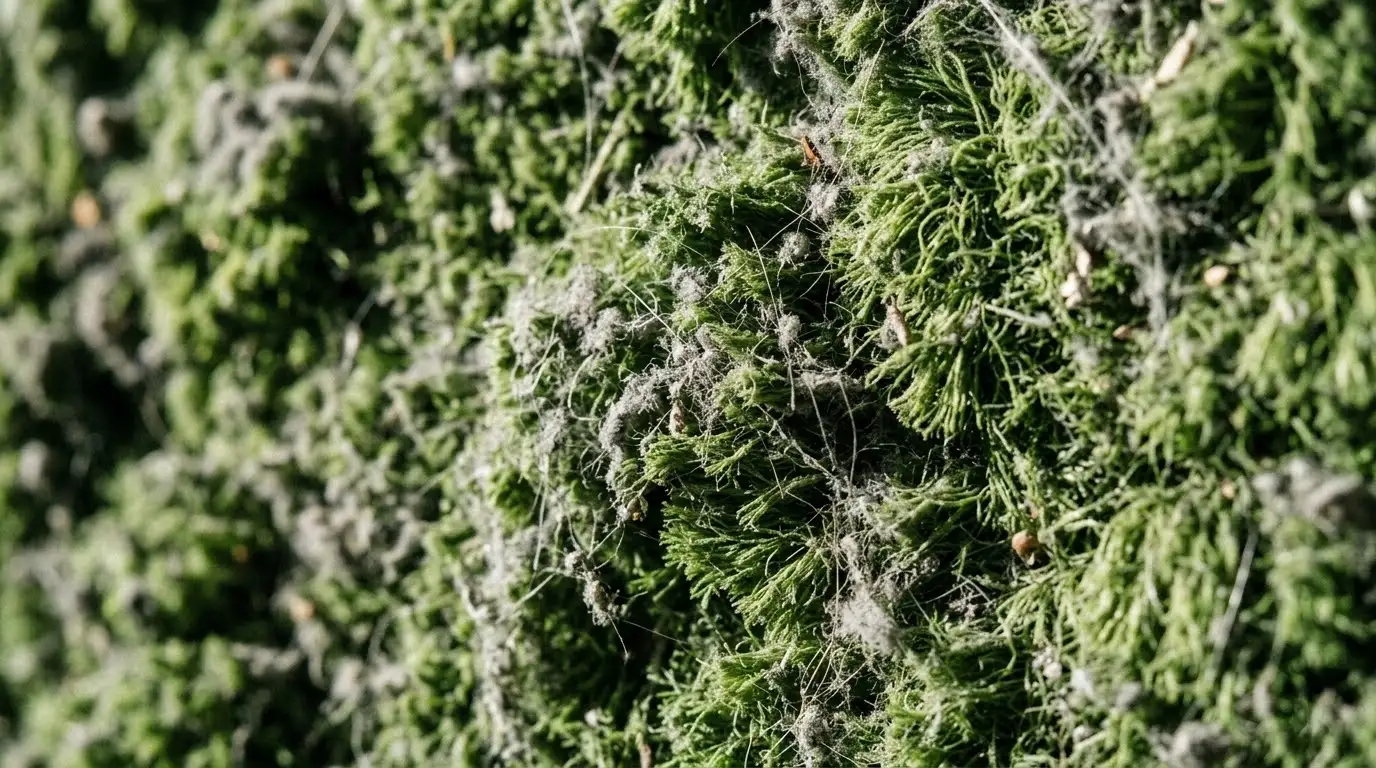 Close-up showing dust accumulation on a hard-to-clean artificial moss wall