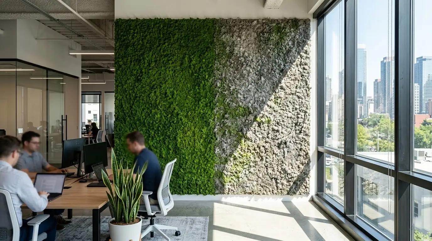 Faded artificial moss wall turning grey due to lack of UV protection