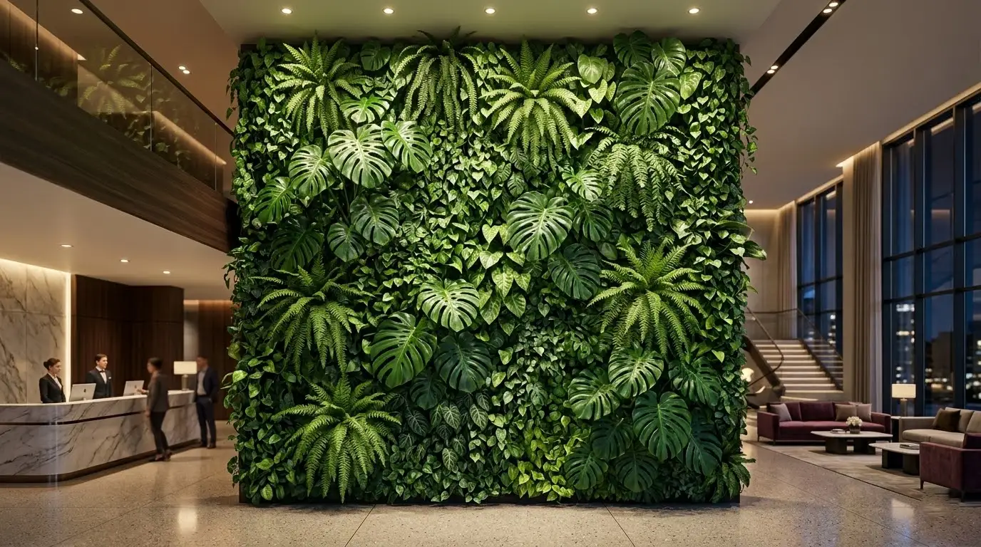 Highly realistic 3D premium artificial plant wall installed in a commercial lobby