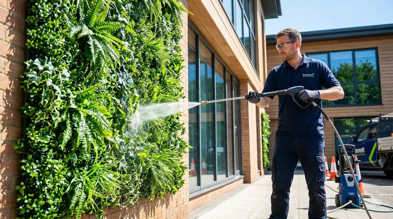 Cleaning a waterproof outdoor artificial plant wall with a water hose