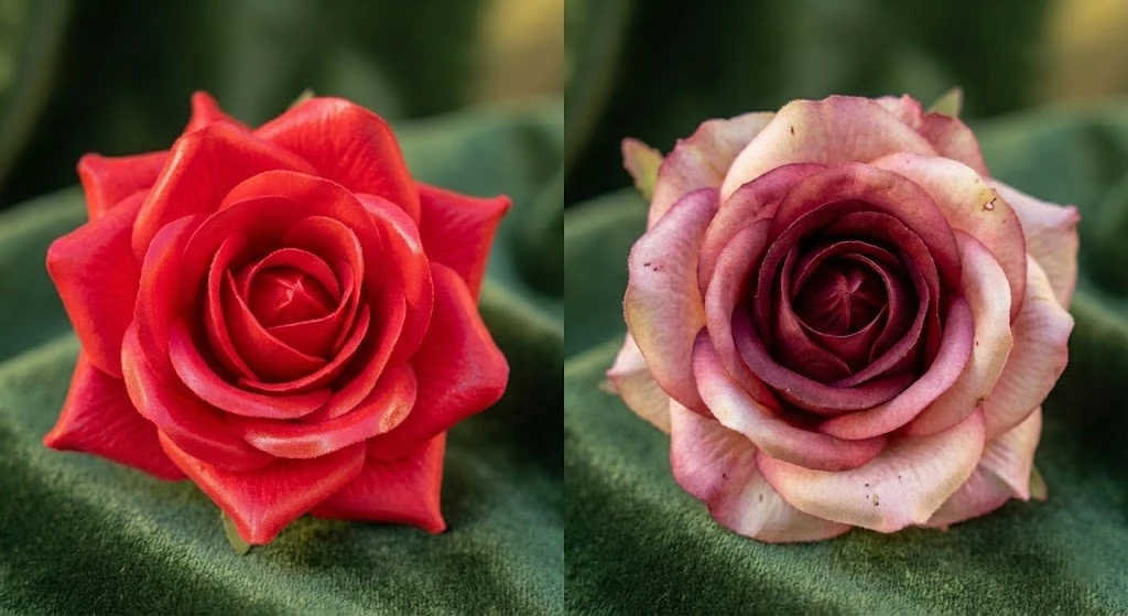 Macro comparison of two artificial rose blooms showing color differences. The left rose has flat, uniform, unnatural red coloring; the right rose features realistic multi-layer gradients transitioning from deep burgundy center to cream edges with natural-looking imperfections.
