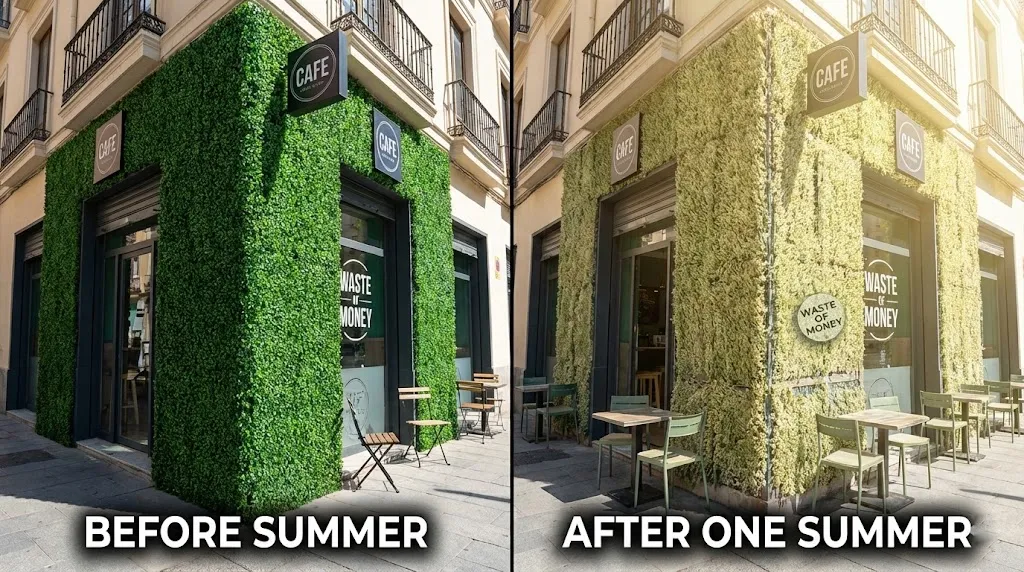 Comparison of faded artificial boxwood panels versus UV resistant panels