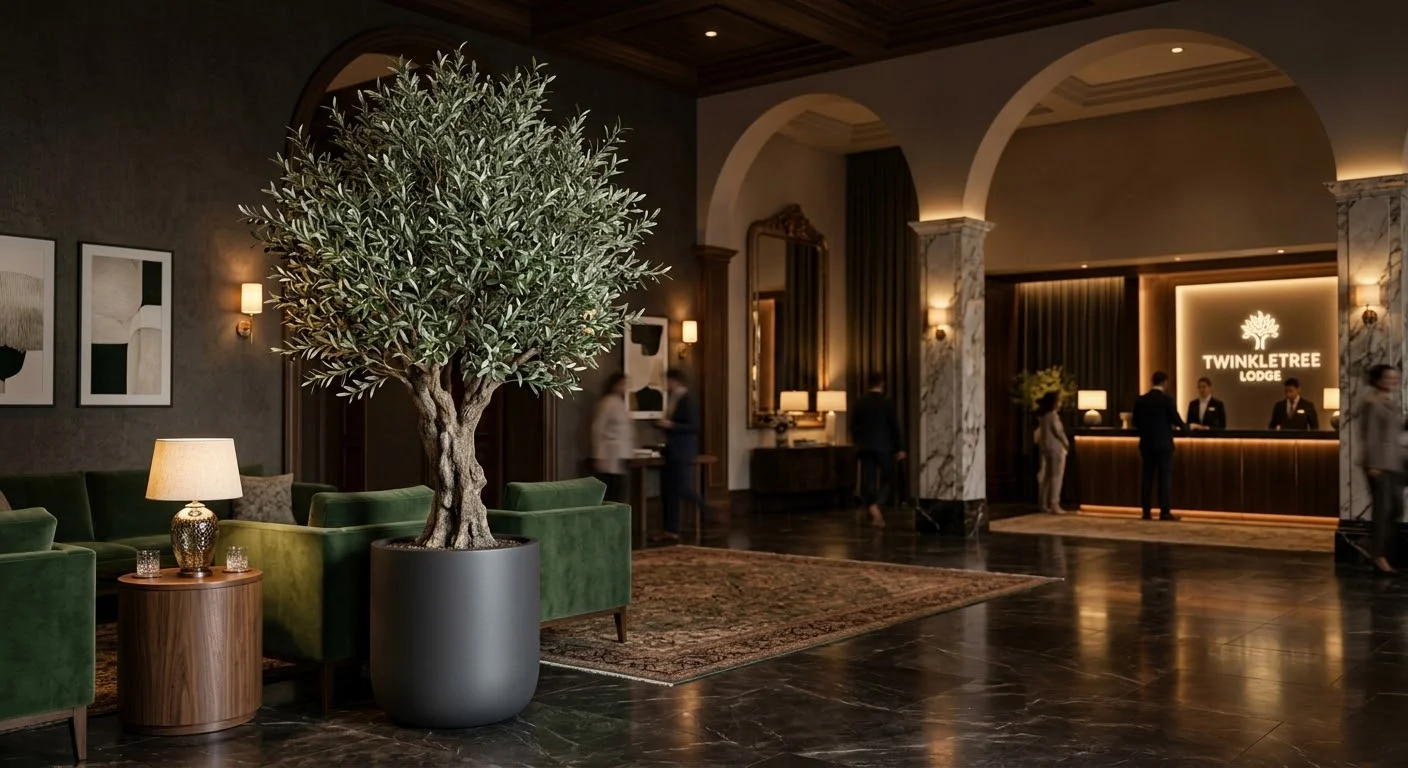 A large realistic faux potted olive tree inside a modern hotel lobby