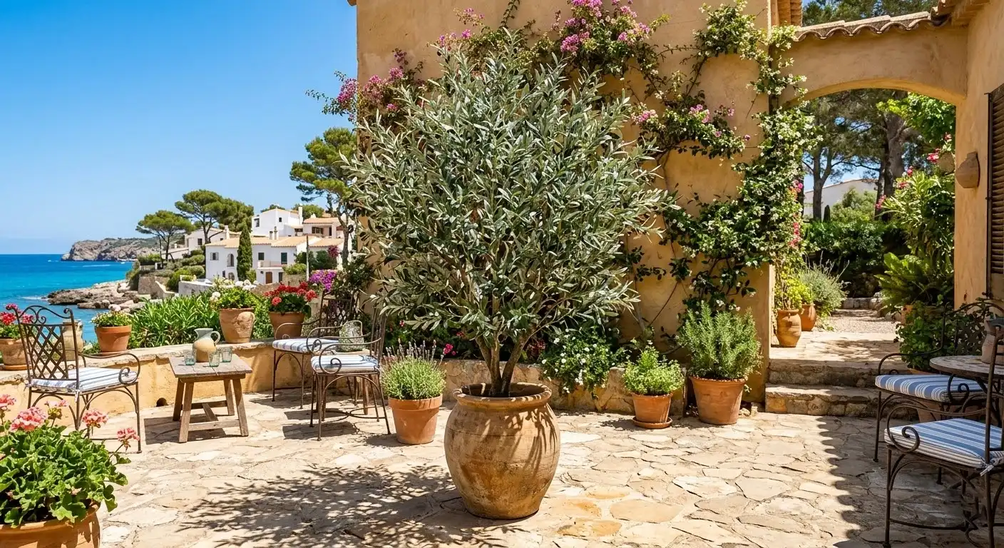 UV resistant artificial olive tree outdoor on a sunny patio
