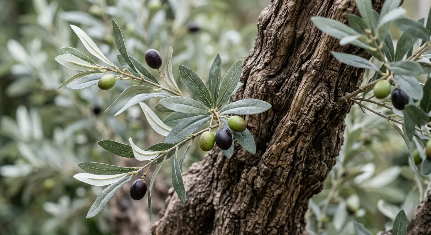 Close-up details of a life like olive tree trunk and leaves