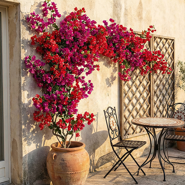 Commercial exterior decorated with artificial bougainvillea
