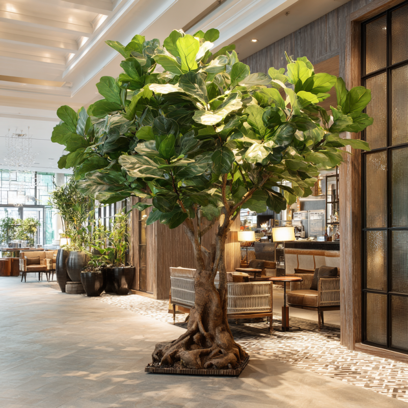 Large artificial fiddle leaf fig tree in hotel lobby