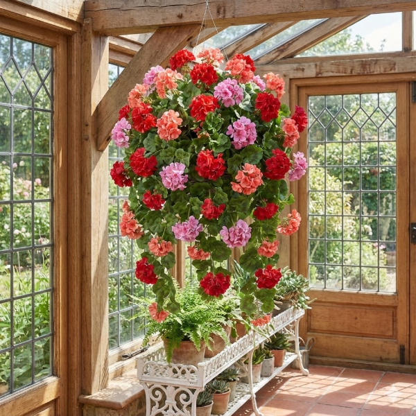 artificial hanging geraniums detail