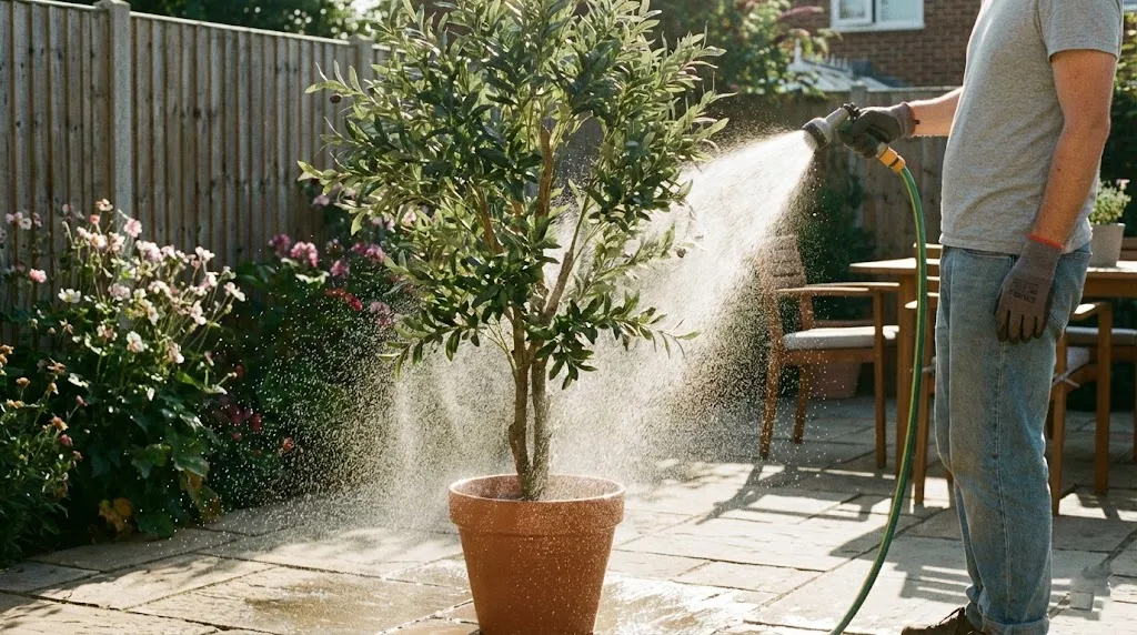 Cleaning outdoor artificial plants with water