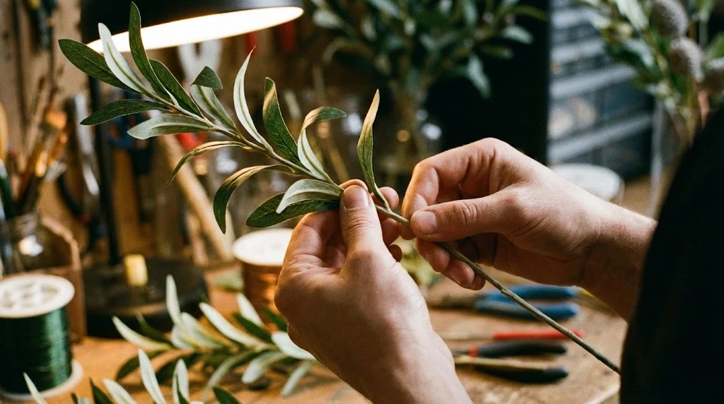 Hands bending and shaping artificial plant stems