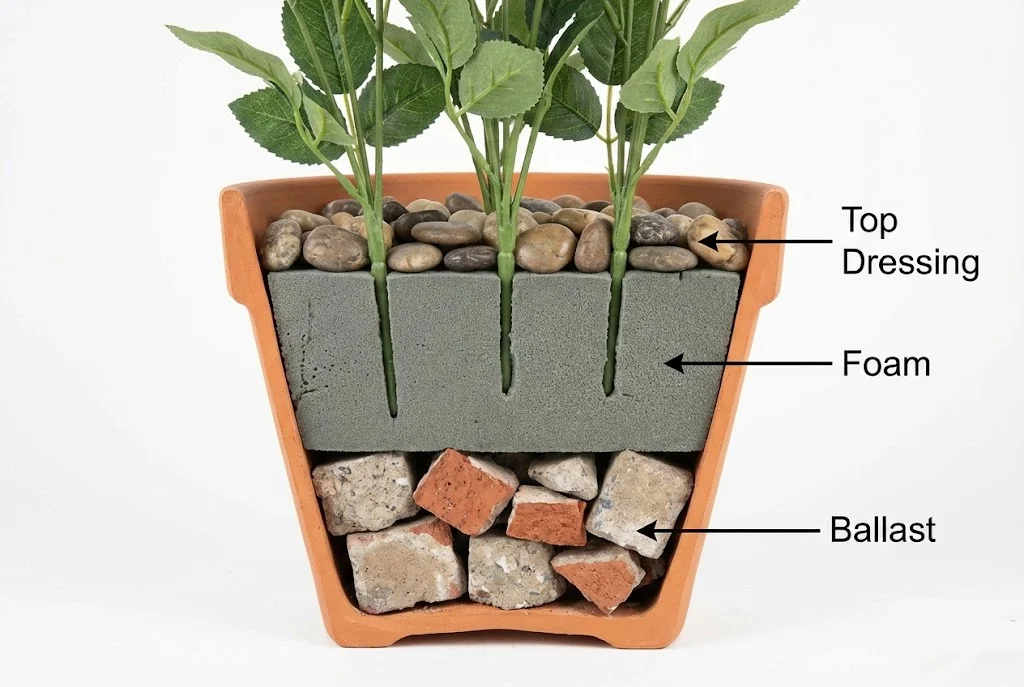 Diagram showing how to secure artificial flowers in a pot using foam and concrete