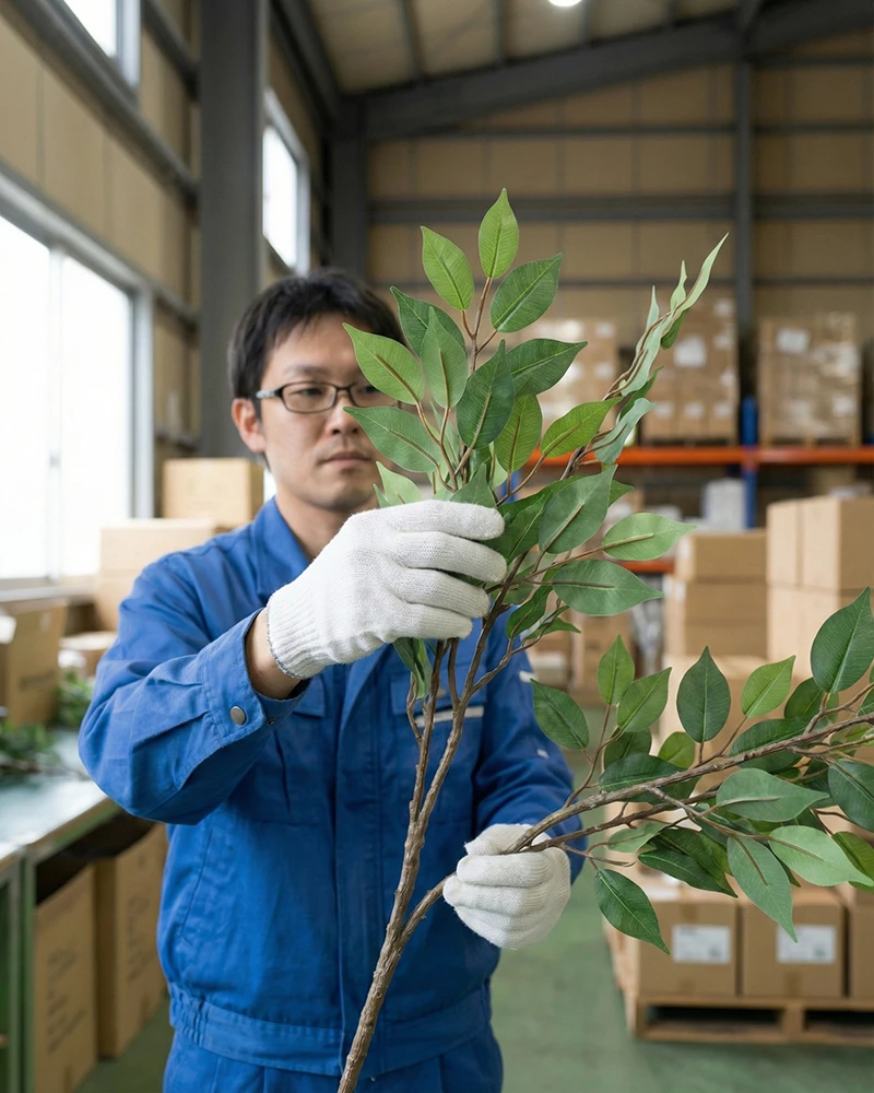 Workers inspect artificial plants at factory
